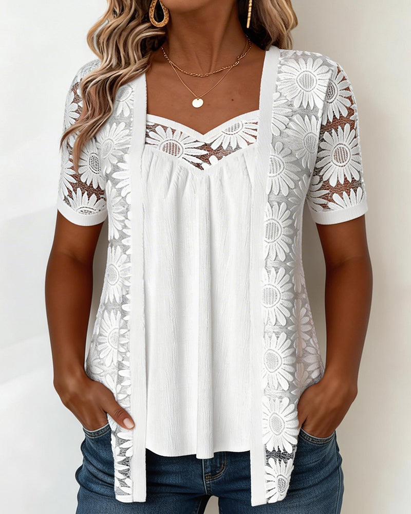 Blus Falsk Skiktad Tusensköna Spets Patchwork