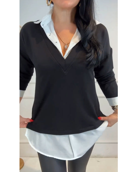 Topp Svart Och Vit Patchwork Krage