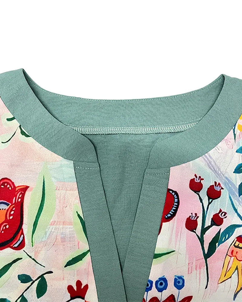 Blus Leopard Blommigt Print Rynkad Ärm