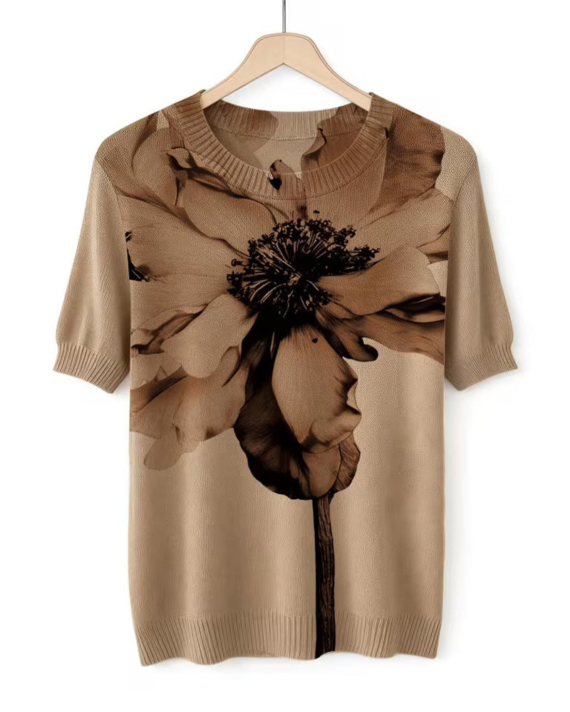 Pullover Blommönster Stickad Kortärmad