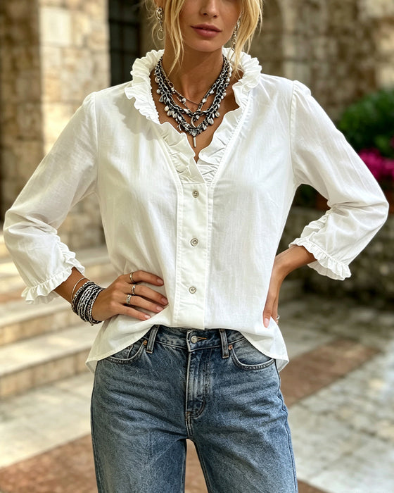 Blus Ruffle Trim Knapp Solid Lång Ärm