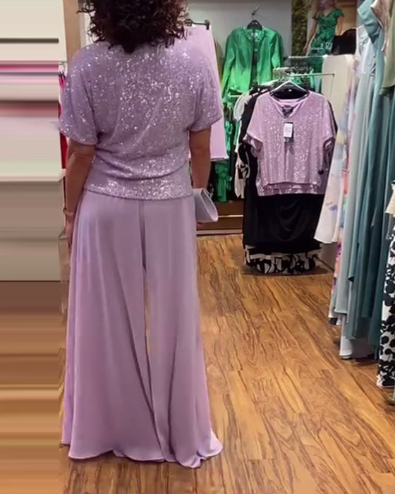 V-ringad kortärmad blus med lös paljett