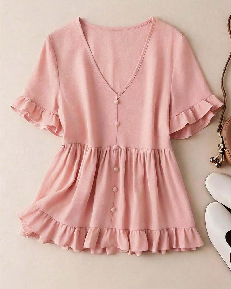 Blus V-Hals Ruffle Pärla Knapp