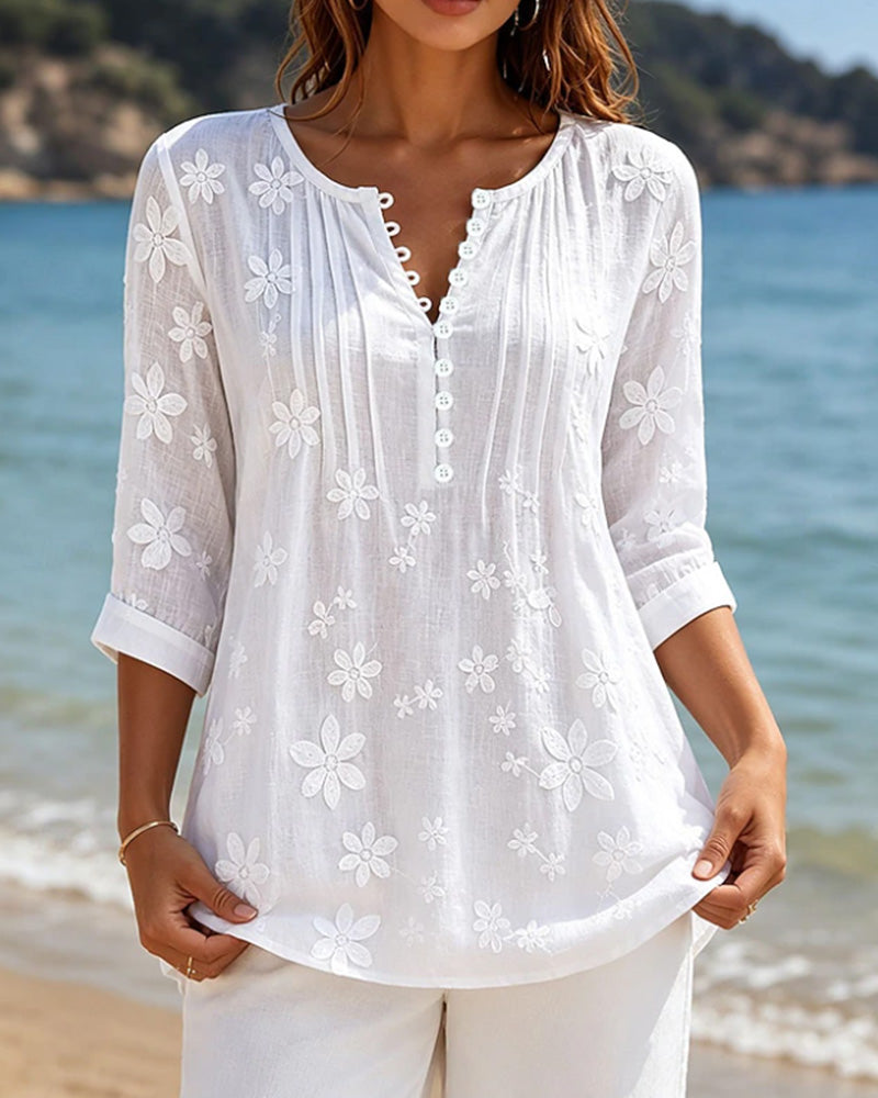 Blus Knapp Fram Rynkad Blommig Solid
