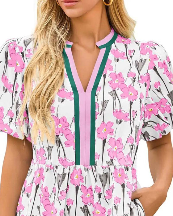Klänning V-Hals Blommig Bubbla Ärm Patchwork