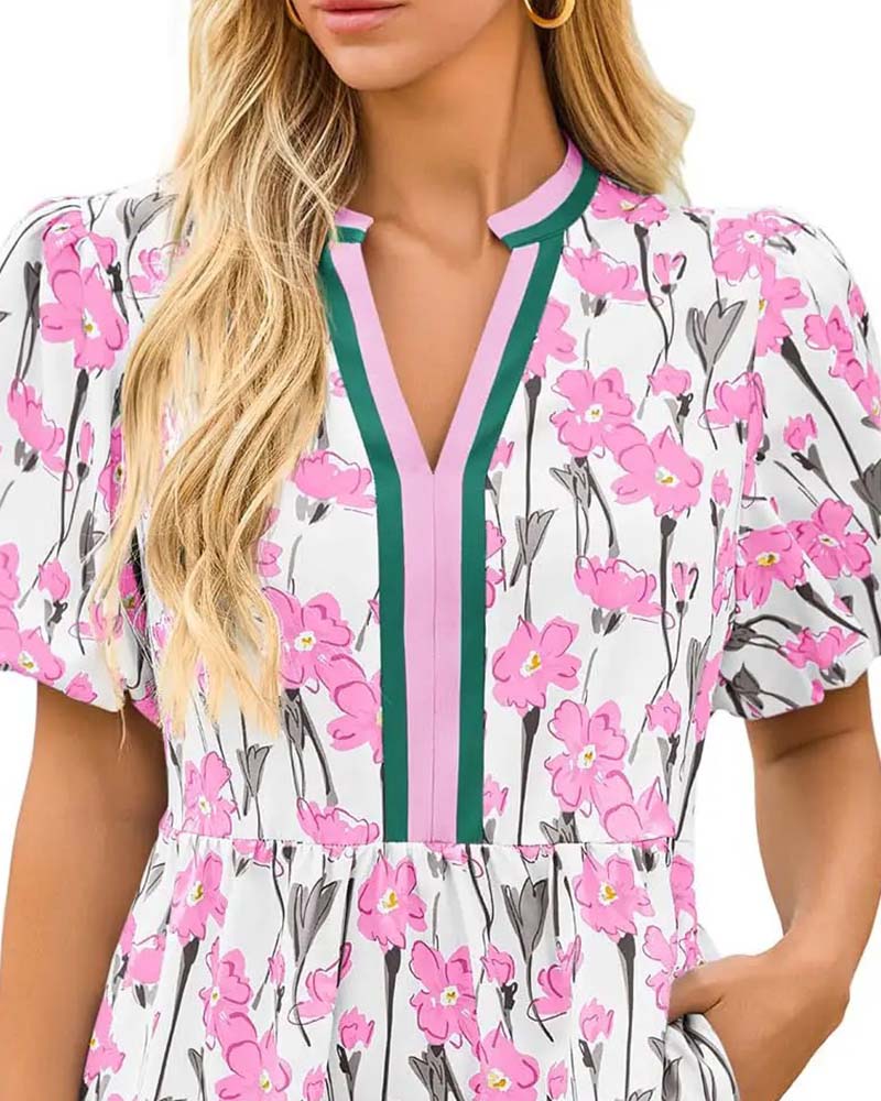 Klänning V-Hals Blommig Bubbla Ärm Patchwork