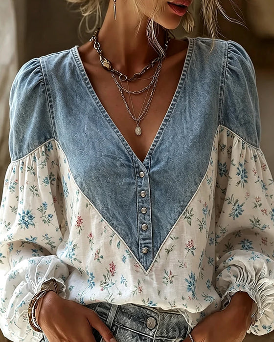 Blus V-Hals Blommönster Puffärm Denim Panel