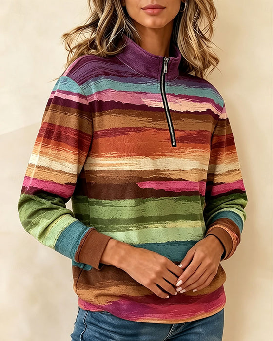 Sweatshirt Vintage Färgglad Randig Halv Dragkedja Ståndkrage Lång Ärm