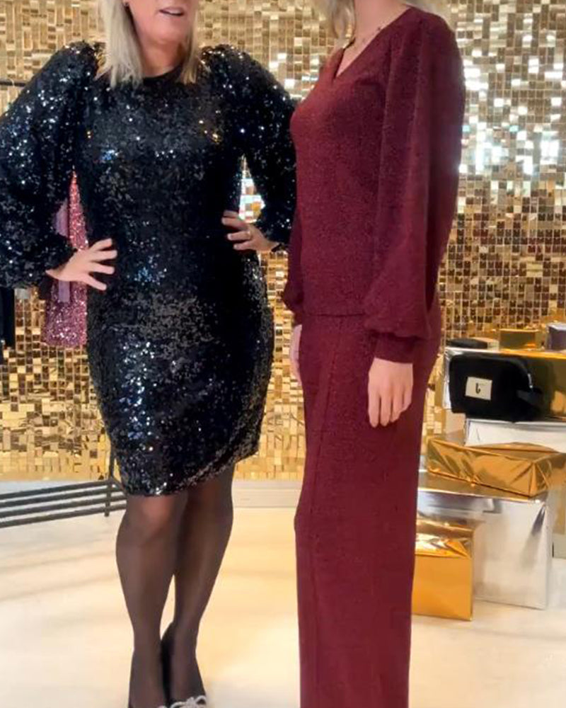 Klänning Med Paillettdetalj, Långärmad Design Och Rundhals Stil