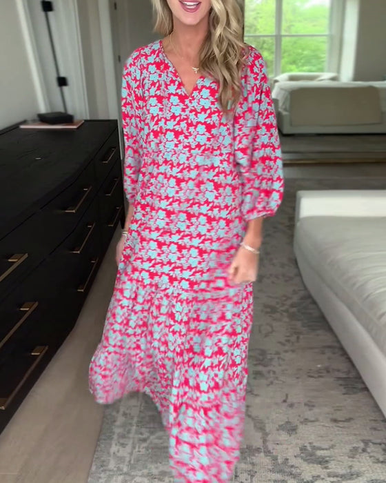 V-ringad blommig klänning med lykta ärm