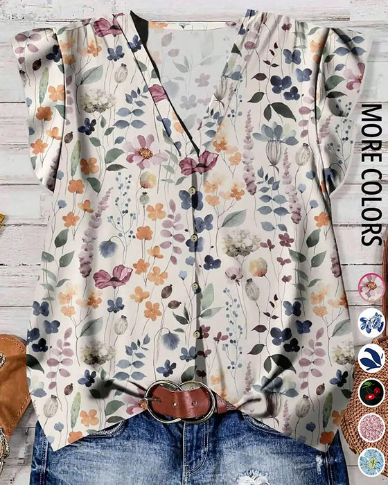 Blus Med V-Hals Och Tryckta Ruffle-Ärmar