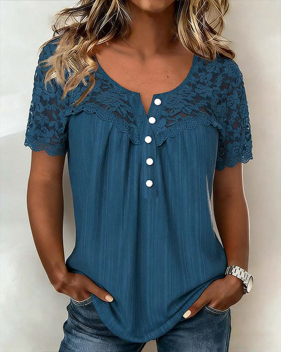 Blus Spets Lapptäcke Kort Ärm