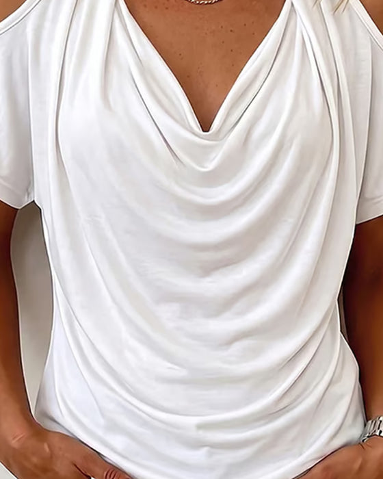 T-Shirt Halter Off-Shoulder Draperad Kort Ärm
