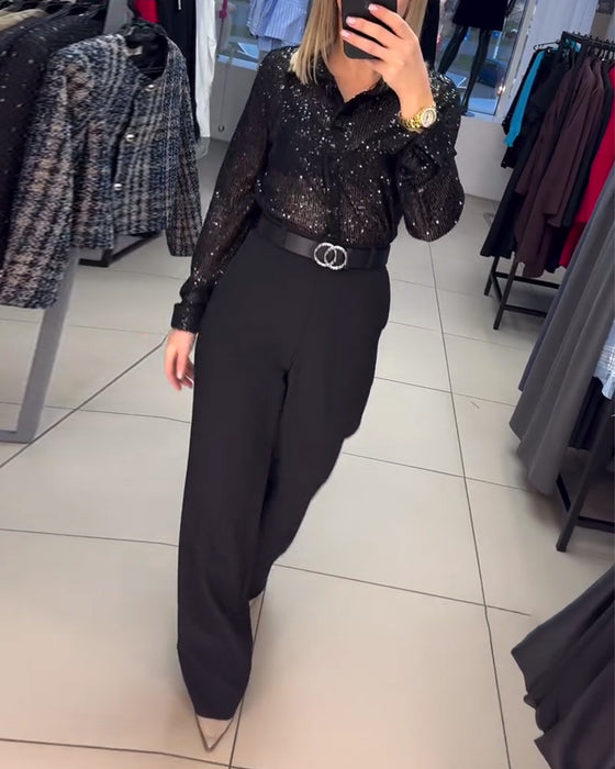 Paillettskjorta Med Knäppning Och Krage