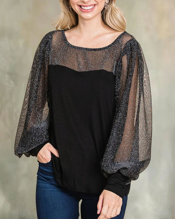 Blus Sheer Puffärm Panel Avslappnad