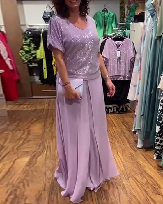 V-ringad kortärmad blus med lös paljett