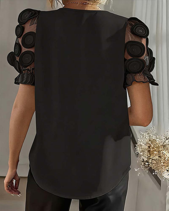 Blus Puffärm Mesh V-Ringning