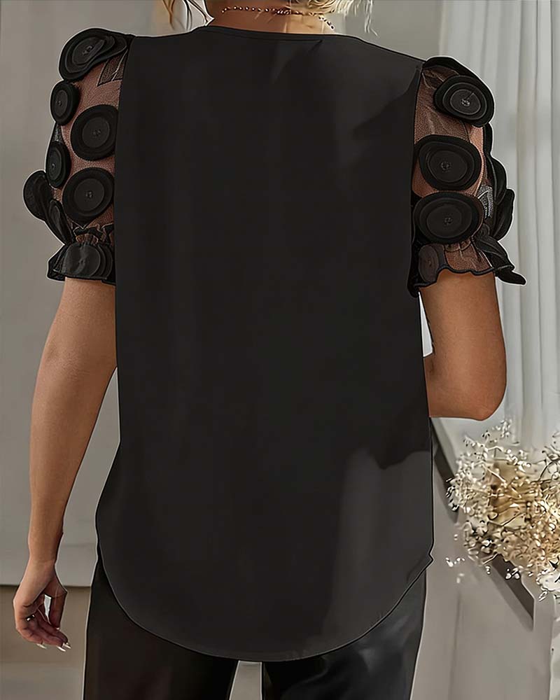 Blus Puffärm Mesh V-Ringning