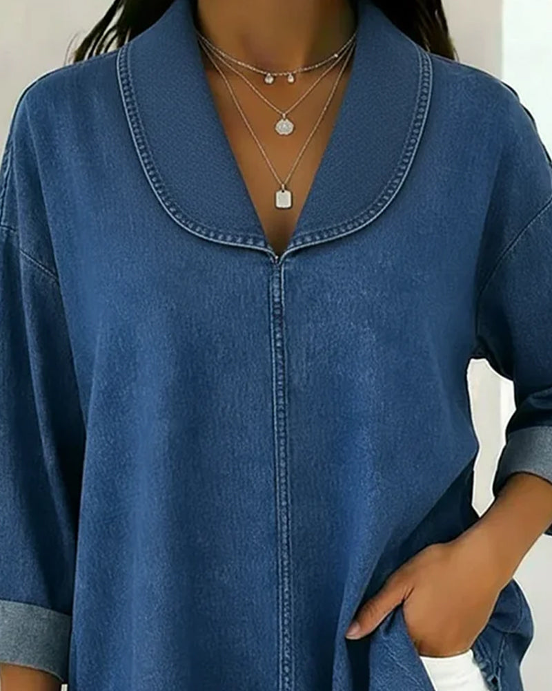 Topp Stor Krage Trekvart Ärm Denim