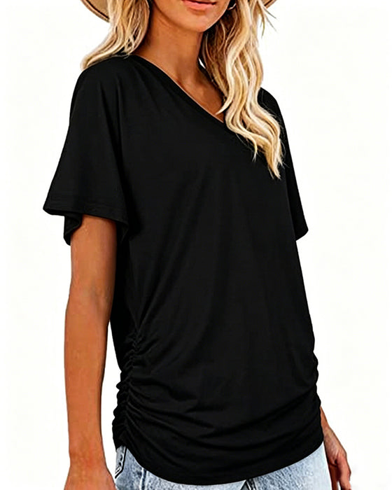 T-Shirt Veckad Enfärgad V-Ringning
