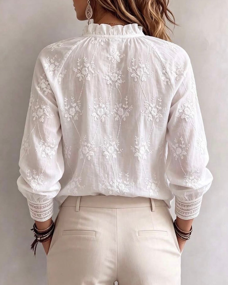Blus Ruffle Kant Mandarin Krage
