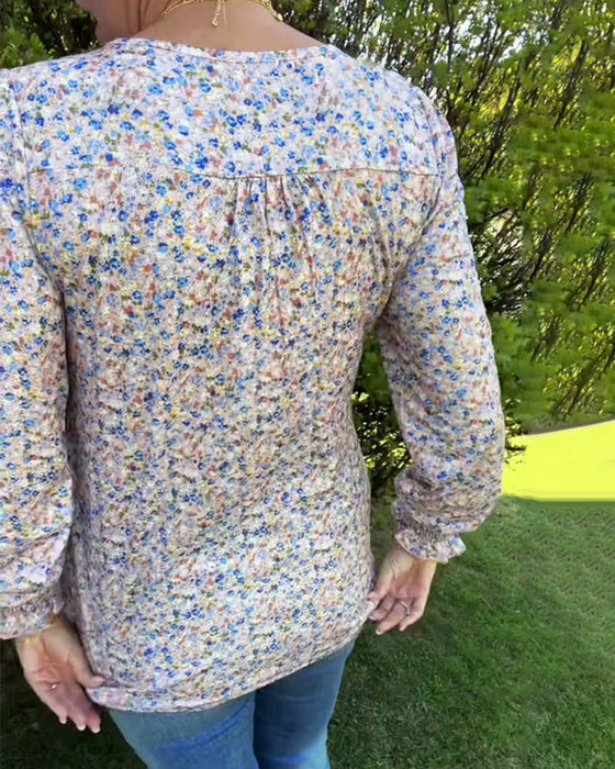 Puffärmad Blommig Veckad Topp