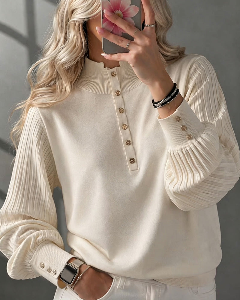 Pullover Kragtröja Knapp Ribbad Puffärm Tröja
