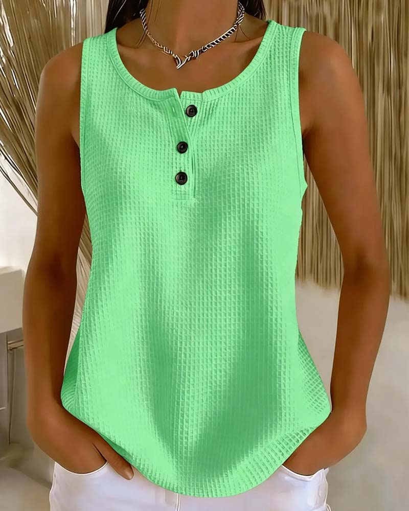 Tank Top Rundhalsad Ärmlös Våffla Knapp