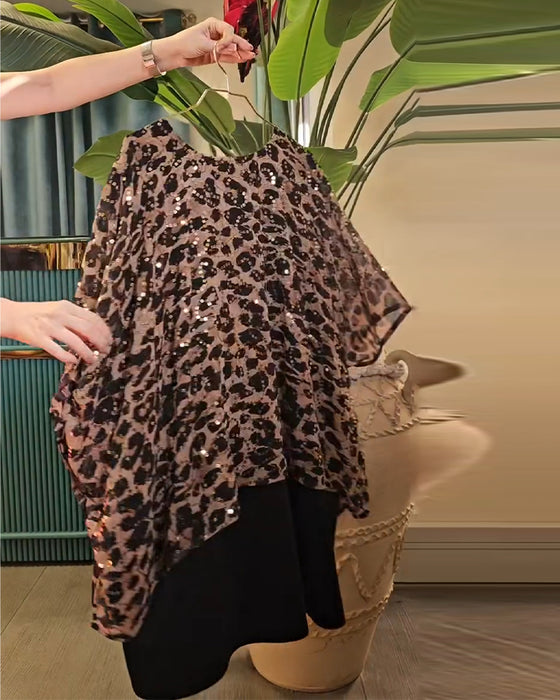 T-Shirt Leopardmönster Paljetter Fladdermusärm