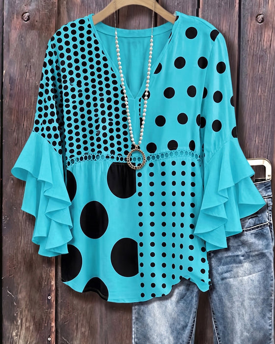 Blus Blandad Prickig Patchwork Ruffle