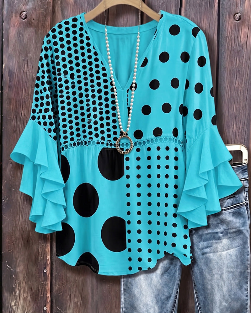 Blus Blandad Prickig Patchwork Ruffle