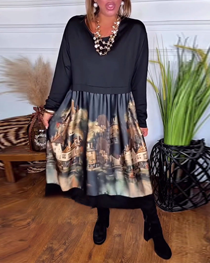 Klänning med tryck och lång ärm