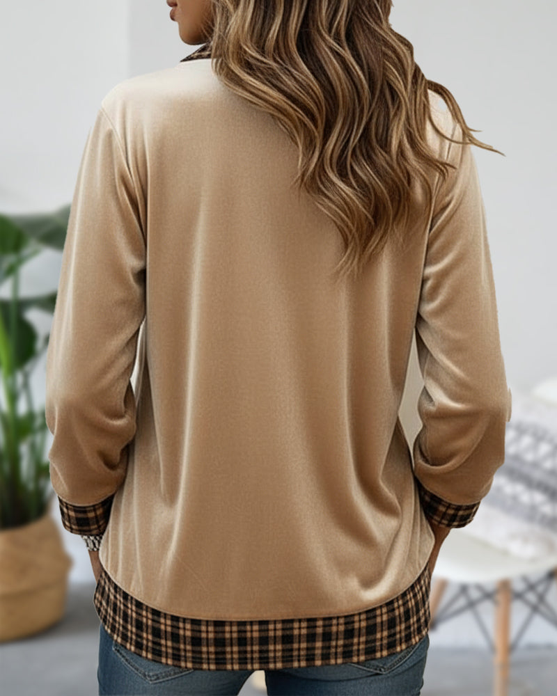 Hoodie Med Krage Design, Rutmönster, Patchworkdetalj Och Sammetstoff