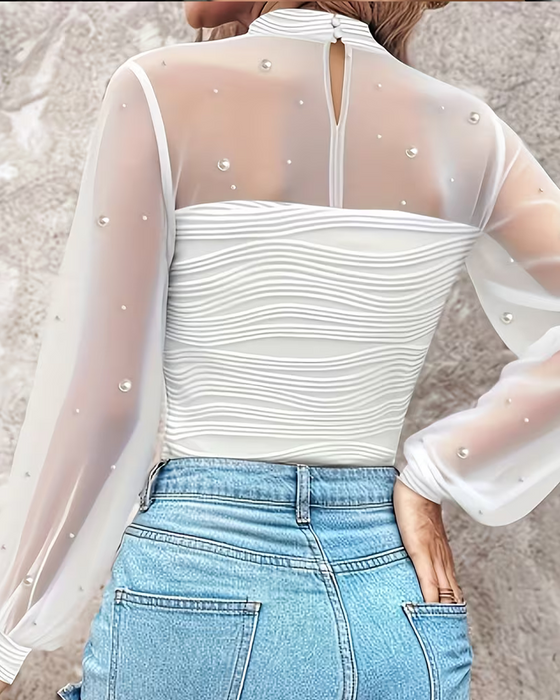 Blus Mock Neck Rynkad Sheer