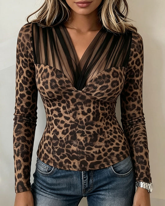 Topp Sheer V-Hals Leopard