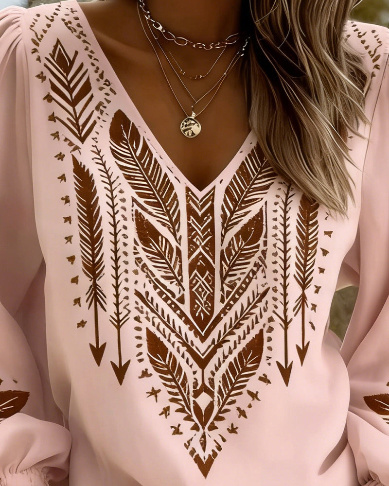 Blus Puckad Ärm V-Ringning Lössittande