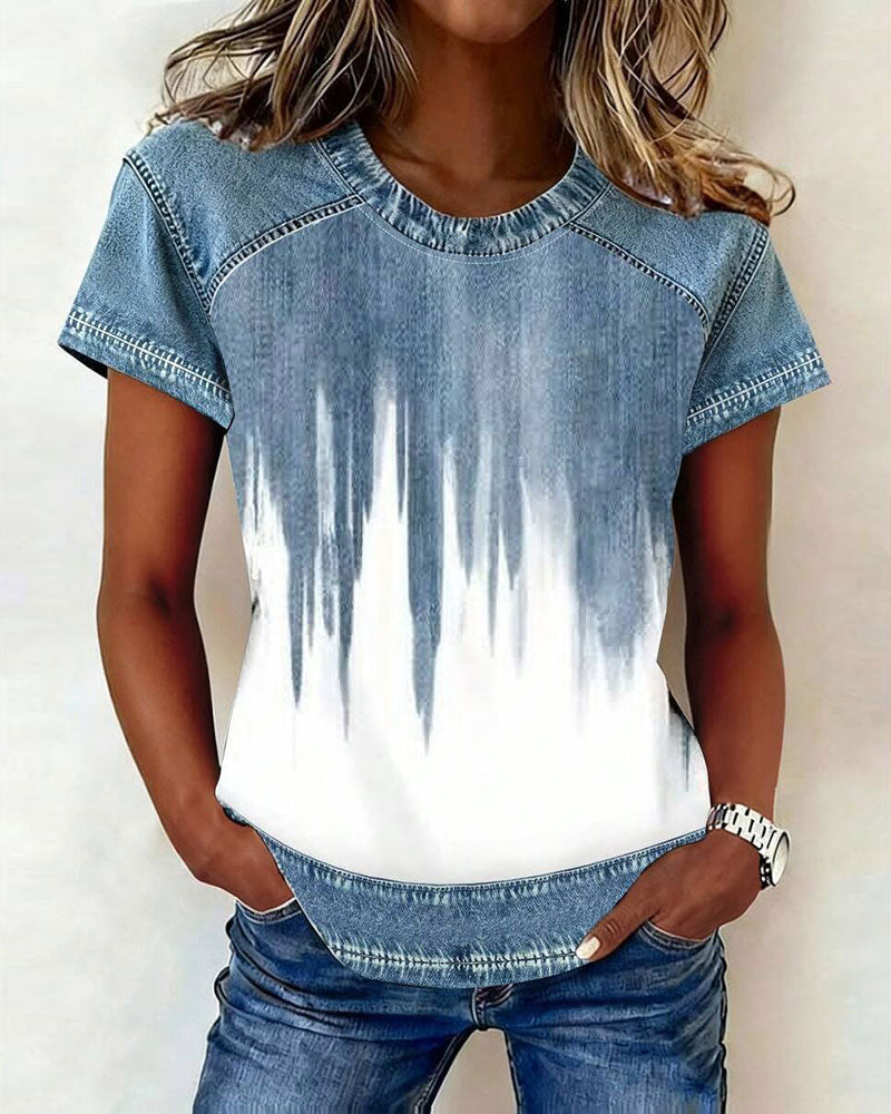 T-Shirt Denim Lapptäcke Knytfärg Kort Ärm