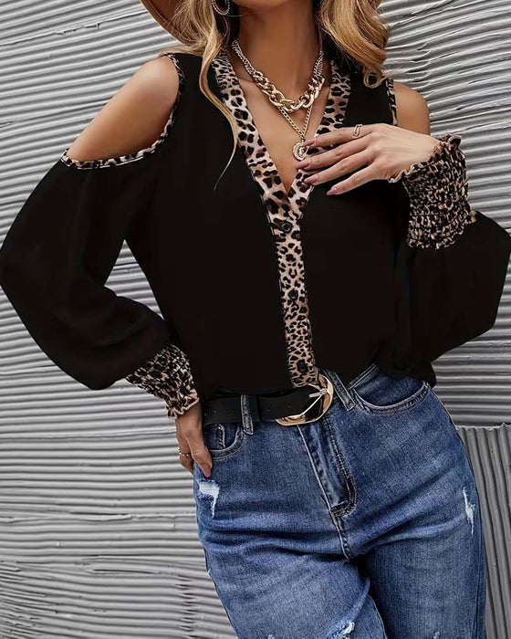 Blus Off-Axel Leopard Patchwork Lång Ärm