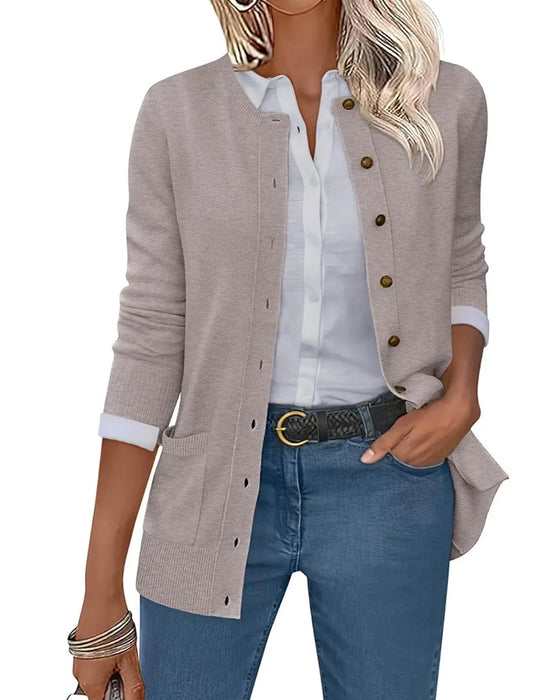 Cardigan Rundhalsad Knapp Lång Ärm Solid