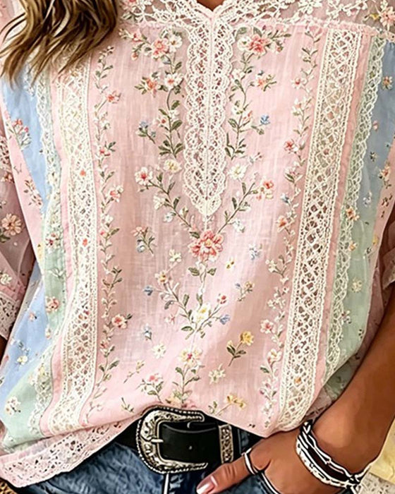 Blus V-Hals Spets Patchwork Kontrast Blommig