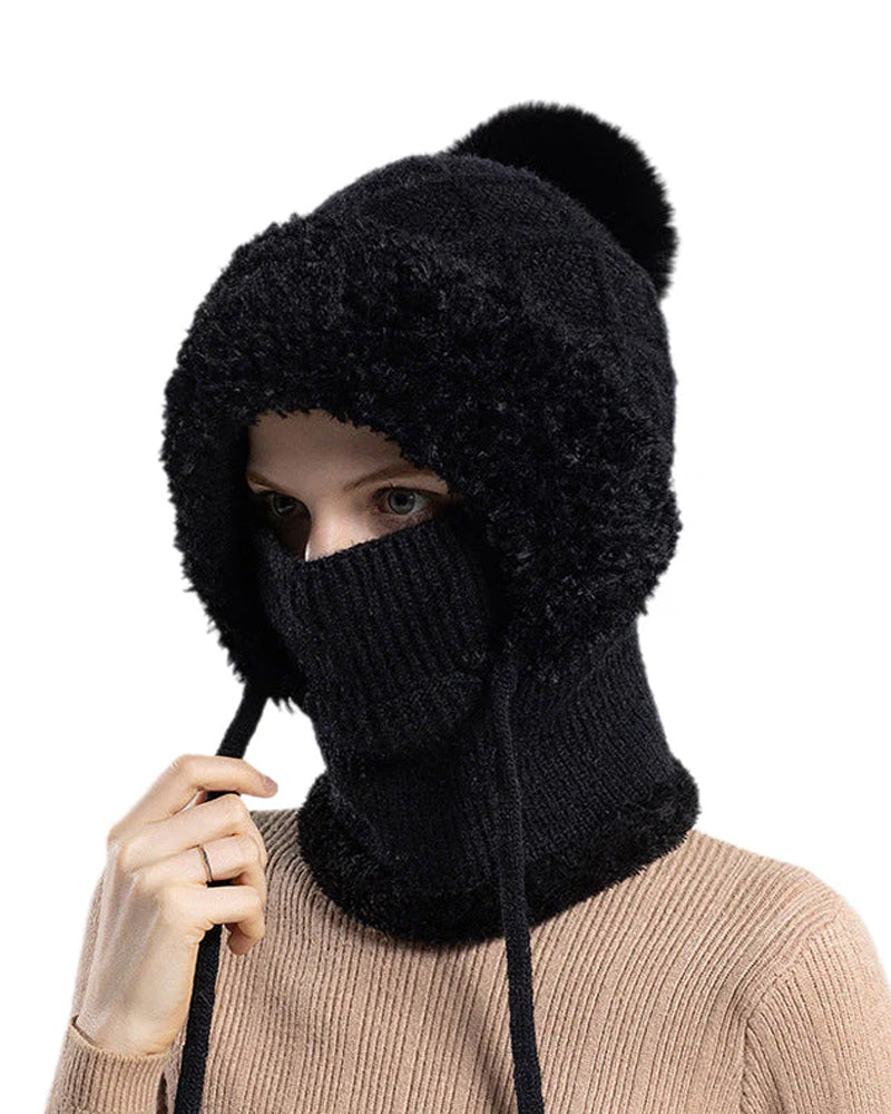 🔥Stilren Tjockstickad Vintermössa – Med Varm Ansiktsskydd Och Halsduk🧣