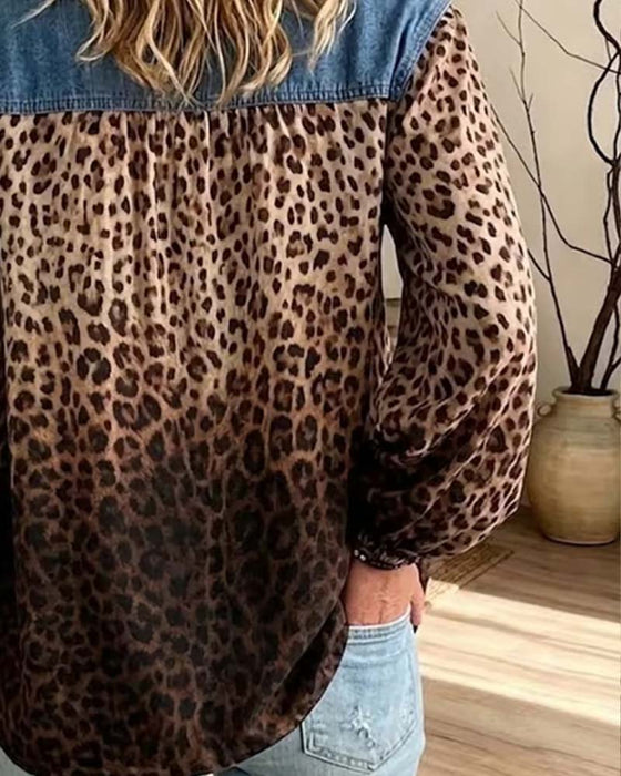 Topp Denim Patchwork Leopardtryck Långärmad