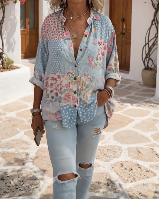 Skjorta Med Småblommigt Mönster Och Ståkrage