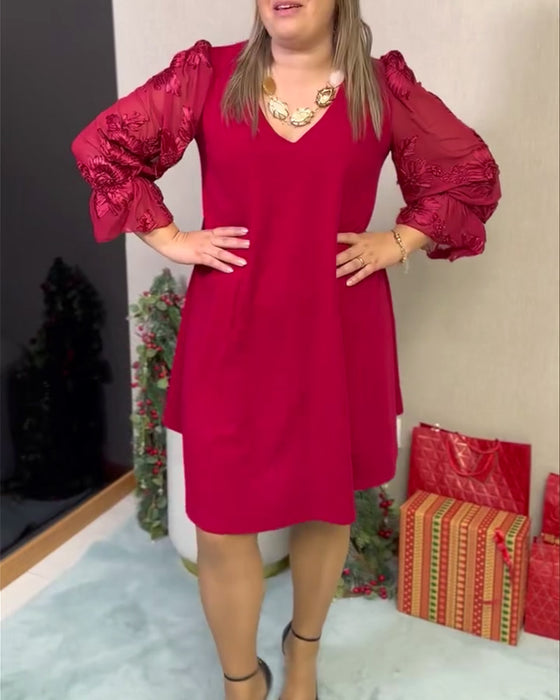 Klänning Puckad Ärm Nättyg Insydd V-hals Löst Sitthande