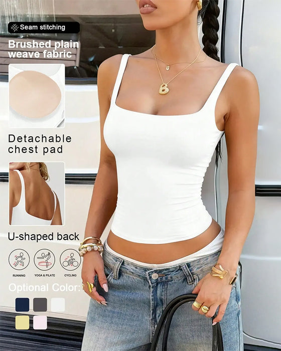 Tank Top Solid Färg Fyrkantig Hals Inbyggd Bh