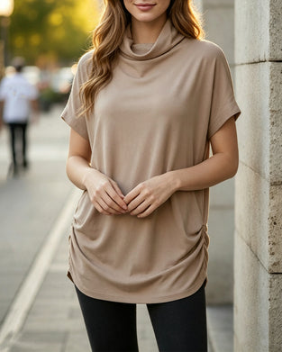 Blus Mock Neck Kort Ärm Sida Rynkad