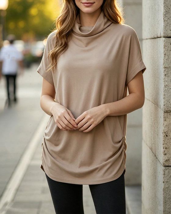 Blus Mock Neck Kort Ärm Sida Rynkad