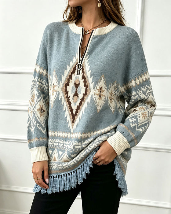 Tröja Geometrisk Jacquard Halv-Zip Fransig Kant