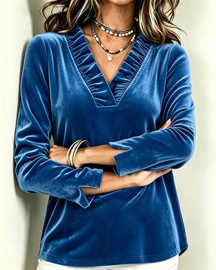 Blus V-Hals Ruffle Rynkad Slits