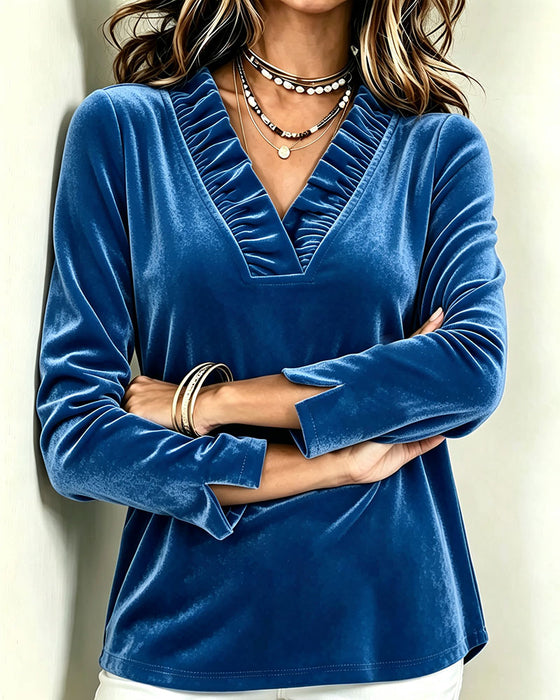 Blus V-Hals Ruffle Rynkad Slits